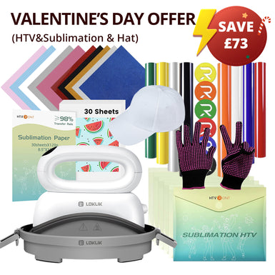 [Valentine's Day Offer]Hat Heat Press Machine+HTV&Sublimation Bundle (Puff HTV*8+Baseball Cap Blank*1+Glitter HTV *5+Sublimation Paper*30+Sublimation HTV*5+PTFE Teflon Sheet*1+1Pair Gloves≥￡73)