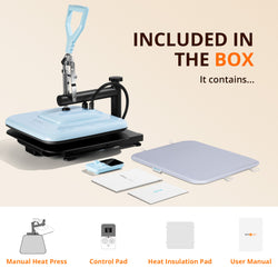 [Essential Bundle] Manual Heat Press Machine 15" x 15" 230V - (2 Colors) & 52 Pcs Heat Press Accessories (HTV, Heat Transfer Paper, Subli Paper, Tools)