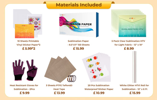 [Sublimation&Tools Bundle]Auto Tumbler Heat Press Machine 230V+Great Value Bundle (Sublimation Paper*150+Sublimation HTV*5+White Glitter HTV Roll-12"x6Ft+Waterproof Sticker Paper*40+PTFE Teflon Sheet*3+Heat Press tape*3+1Pair Gloves≥￡82)