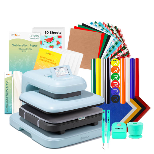 [St. Patrick's Day Deals]LOKLiK Auto Heat Press 2+Great Valued Bundle(PUFF HTV*8+Glitter HTV*5+Patterned HTV+Sumblimation Paper*30+Sumblimation HTV roll+Transfer paper*6+PTFE Teflon Sheet+Weeding Tools)