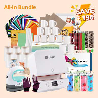 [All-in Bundle]Auto Tumbler Heat Press Machine 230V+All-in Bundle(Sublimation Paper*150+Tumbler 20oz*8 +Glass 16oz*8+Mugs 11oz*12+Mini2 Heat Press Machine+Sticker Paper*20+White Glitter HTV+Adhesive Vinyl*12+Tools≥￡287)