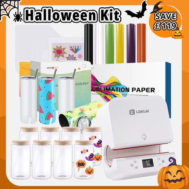 [🎃Halloween Kit] Auto Tumbler Heat Press Machine 230V+New User Bundle(6 Rolls Halloween colors Adhesive Vinyl+Sublimation Paper*30+Sublimation Tumbler 20oz*4+Glasses 16oz*8pack+Sticker Paper*10+Transfer Tape≥￡139)