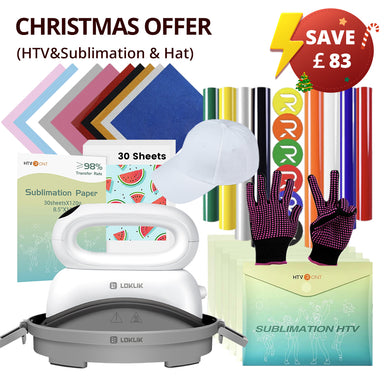 [Christmas Offer]Hat Heat Press Machine+HTV&Sublimation Bundle (Puff HTV*8+Baseball Cap Blank*1+Glitter HTV *5+Sublimation Paper*30+Sublimation HTV*5+PTFE Teflon Sheet*1+1Pair Gloves≥￡73)