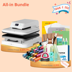 [All-in Bundle] HTVRONT Auto Heat Press Machine 15" x 15"  220V + 20 rolls HTV 12"x3ft + 150 sheets Sublimation Paper 8.5"x11" + Mini Heat Press Machine + Multi Materials Bundle