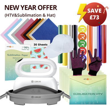 [New Year Offer]Hat Heat Press Machine+HTV&Sublimation Bundle (Puff HTV*8+Baseball Cap Blank*1+Glitter HTV *5+Sublimation Paper*30+Sublimation HTV*5+PTFE Teflon Sheet*1+1Pair Gloves≥￡73)