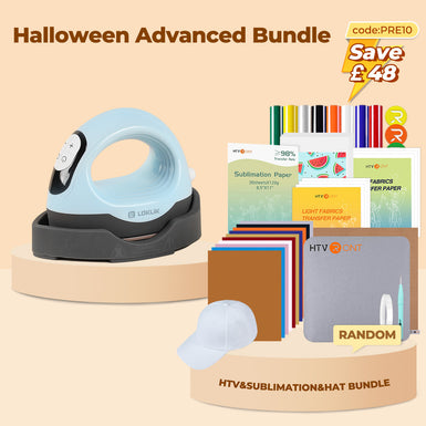 [🎃Halloween Advanced Bundle]HTVRONT Mini3 Heat Press+HTV&Sublimation Bundle(PUFF HTV *8+Multicolor HTV*10+Sumblimation Paper*25+Transfer paper*10+PTFE Teflon Sheet+Heat Press Mat+Cap Blank*1+Weeding Tools≥￡67)