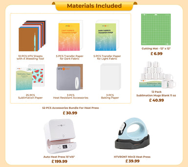 [All in bundle]HTVRONT Auto Tumbler+Mini3 Heat Press Machine+advanced Bundle(Multicolor HTV*10+Sumblimation Paper*25+Mugs 11oz*12+Transfer paper*10+PTFE Teflon Sheet+Heat Press Mat+Weeding Tools≥￡78)