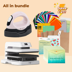 [All in bundle]HTVRONT Auto Heat Press15“x15”+Mini3 Heat Press Machine+All In Bundle(Multicolor HTV*36+Sumblimation Paper*30+Sumblimation HTV*5+PTFE Teflon Sheet*3+Heat Press Mat+Cutting Mat+Weeding Tools≥￡70)