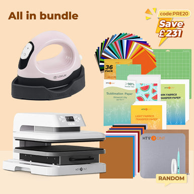 [All in bundle]HTVRONT Auto Heat Press15“x15”+Mini3 Heat Press Machine+advanced Bundle(Multicolor HTV*46+Sumblimation Paper*25+Transfer paper*10+PTFE Teflon Sheet+Heat Press Mat+Cutting Mat+Weeding Tools≥￡71)