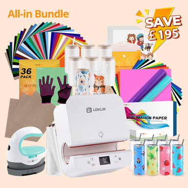 [All-in Bundle]Auto Tumbler Heat Press Machine+All-in Bundle(Sublimation Paper*150+Tumbler Blanks 20oz*8 +Glass 16oz*8+Mini Heat Press 2 Machine+Sticker Paper*20+White Glitter HTV+Permanent Vinyl*14+Tools≥￡255)