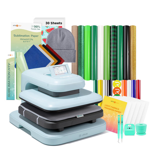 [St. Patrick's Day Deals]LOKLiK Auto Heat Press 2+Great Valued Bundle(PUFF HTV*8+Glitter HTV*5+Patterned HTV+Sumblimation Paper*30+Sumblimation HTV roll+Transfer paper*6+PTFE Teflon Sheet+Weeding Tools)