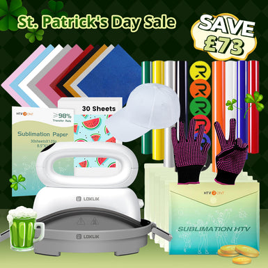 [St. Patrick's Day Offer]Hat Heat Press Machine+HTV&Sublimation Bundle (Puff HTV*8+Baseball Cap Blank*1+Glitter HTV *5+Sublimation Paper*30+Sublimation HTV*5+PTFE Teflon Sheet*1+1Pair Gloves≥￡73)