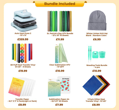 [St. Patrick's Day Deals]LOKLiK Auto Heat Press 2+Great Valued Bundle(PUFF HTV*8+Glitter HTV*5+Patterned HTV+Sumblimation Paper*30+Sumblimation HTV roll+Transfer paper*6+PTFE Teflon Sheet+Weeding Tools)