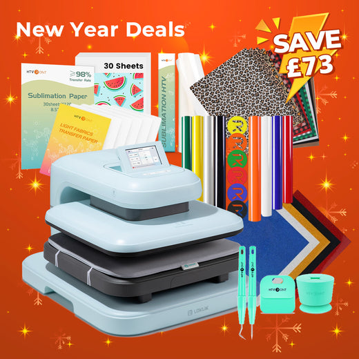 [New Year Deals]LOKLiK Auto2 Heat Press+New Year Bundle(PUFF HTV*8+Glitter HTV*5+Christmas HTV*13+Sumblimation Paper*30+Sumblimation HTV roll+Transfer paper*6+PTFE Teflon Sheet+Weeding Tools≥83 ￡)