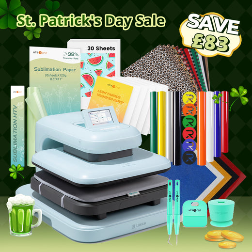 [St. Patrick's Day Deals]LOKLiK Auto Heat Press 2+Great Valued Bundle(PUFF HTV*8+Glitter HTV*5+Patterned HTV+Sumblimation Paper*30+Sumblimation HTV roll+Transfer paper*6+PTFE Teflon Sheet+Weeding Tools)