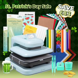 [St. Patrick's Day Deals]LOKLiK Auto Heat Press 2+Great Valued Bundle(PUFF HTV*8+Glitter HTV*5+Patterned HTV+Sumblimation Paper*30+Sumblimation HTV roll+Transfer paper*6+PTFE Teflon Sheet+Weeding Tools)