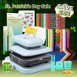 [St. Patrick's Day Deals]LOKLiK Auto Heat Press 2+Great Valued Bundle(PUFF HTV*8+Glitter HTV*5+Patterned HTV+Sumblimation Paper*30+Sumblimation HTV roll+Transfer paper*6+PTFE Teflon Sheet+Weeding Tools)