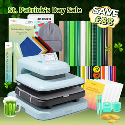 [St. Patrick's Day Deals]LOKLiK Auto Heat Press 2+Great Valued Bundle(PUFF HTV*8+Glitter HTV*5+Patterned HTV+Sumblimation Paper*30+Sumblimation HTV roll+Transfer paper*6+PTFE Teflon Sheet+Weeding Tools)