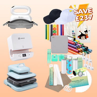 [All in one]LOKLiK Auto2+Tumbler+Hat Heat Press+All in One Bundle(Multicolor HTV Roll*20+150 sheets Sublimation Paper A4+Sublimation HTV Roll+PUFF HTV*8+Tumbler Blanks*4+Canvas Bags*6+Cap*2+Tools≥237 ￡)