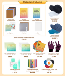 [All-in Bundle] Hat Heat Press Machine+All-in Bundle(Baseball Cap*4+HTV*46+PUFF HTV*8+Glitter HTV *5+Sumblimation Paper*25+Sumblimation HTV*10+Transfer paper*10+PTFE Teflon Sheet*2+Weeding Tools*5+1Pair Gloves+Mat≥￡133)