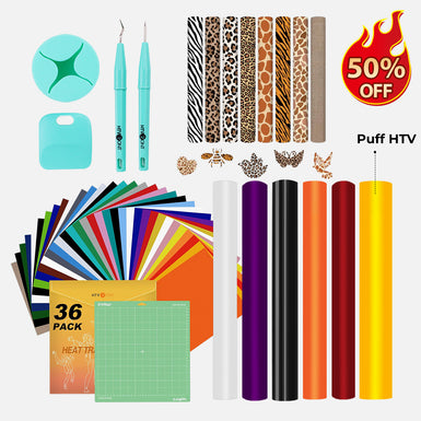 [Exclusive HTV Bundle] 44 Sheets & 6 Rolls HTV Vinyl & Basic Tools (54pcs）