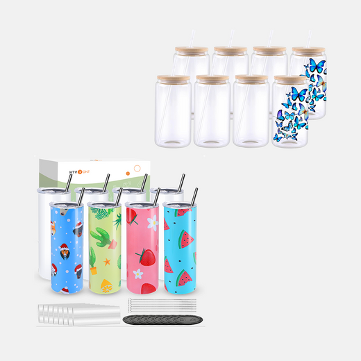 8 Pack 20oz Sublimation Tumbler Blank & 8 Pack Glass Sublimation Tumbler Bundle